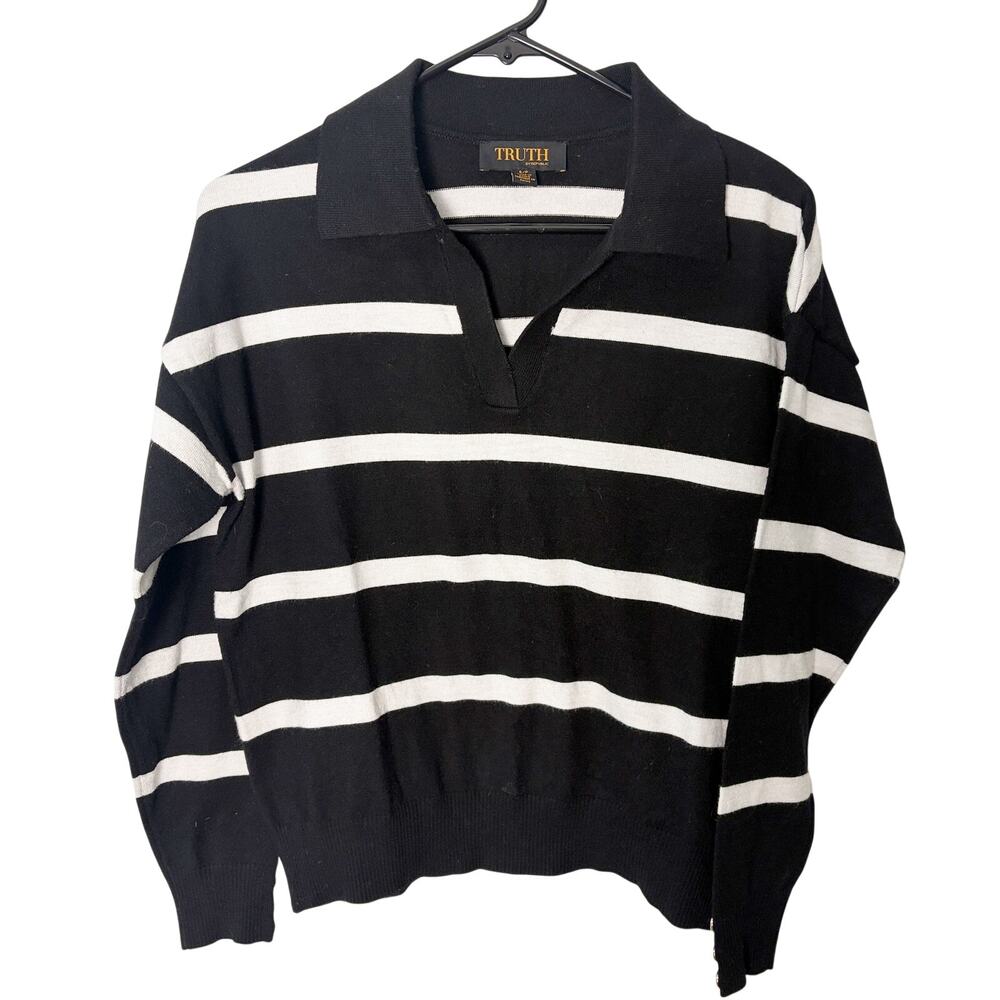 TRUTH by Republic S Striped Vneck Collared Crop Sweater Old Money Preppy Capsule